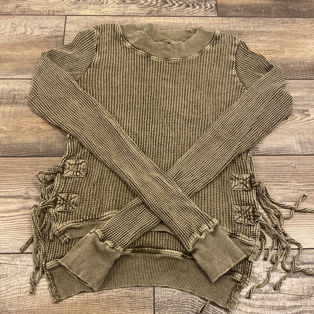 Olive Green Waffle Knit Long Sleeve Tie Top- FP ONE